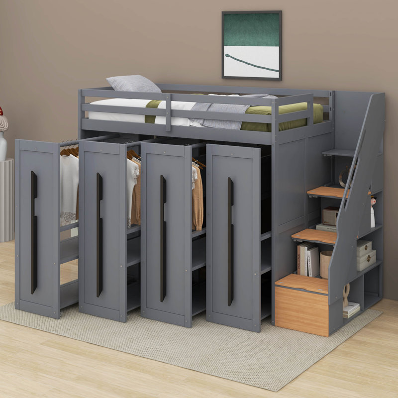 Jhaylen Modern Loft Bed With Two-Tone Storage Stairs And Pull-Out Wardrobes  Gray