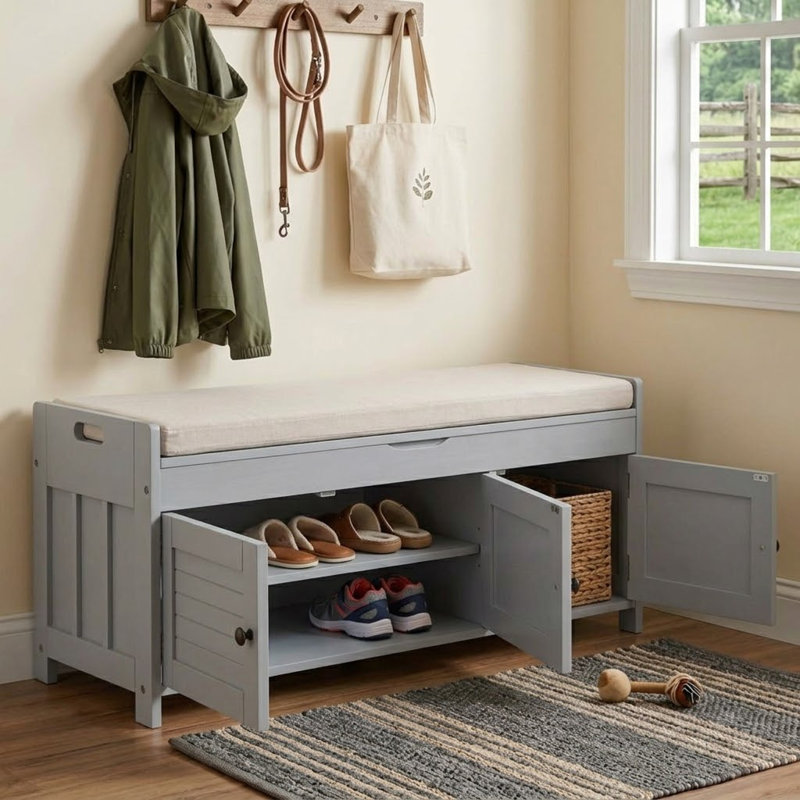 Banc de rangement Marrion de style contemporain avec tablettes et coussins réglables, pieds en bois pour les chambres et les vestibules