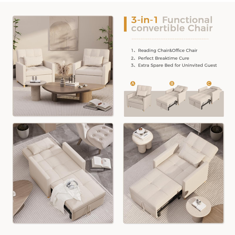 Beige Linen Convertible Sleeper Chair with Adjustable Backrest