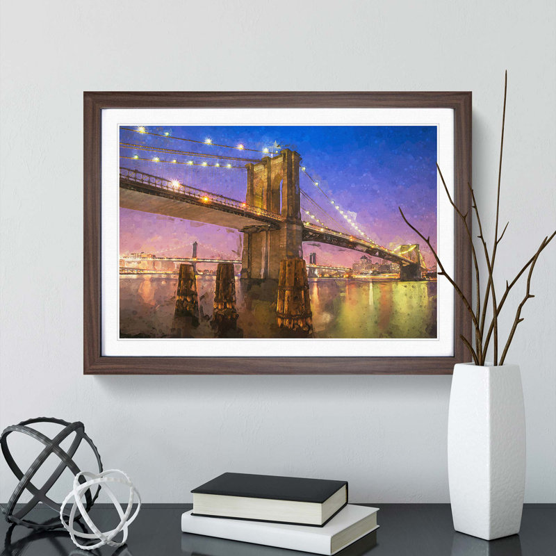 Brooklyn Bridge at Night in Abstract - Picture Frame Graphic Art Print, Walnut Framed, 62cm H x 87cm W x 2cm D