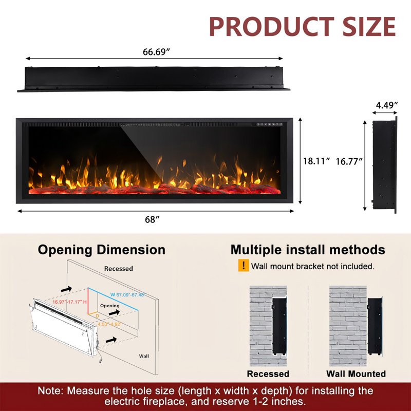 Recessed And Wall Mounted Electric Fireplace, 18.11" H x 68" W x 4.49" D