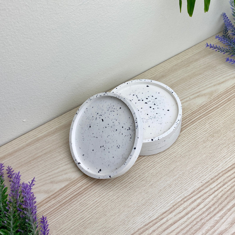 Stoneware Round 4 Piece Coaster Set, White Terazzo