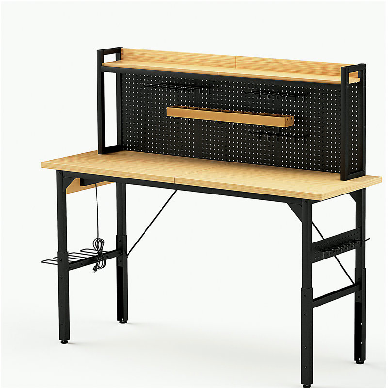 Établi réglable 71 po avec panneau perforé, établi en bois robuste avec roulettes, capacité de charge de 1 600 lb, établi roulant avec prise CA / USB, crochets, tablette, pour garage, atelier, bureau, maison.