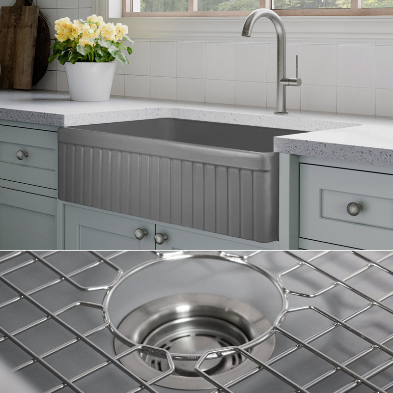 Luxury Solid Fireclay Farmhouse Sink, Stainless Steel Accessories