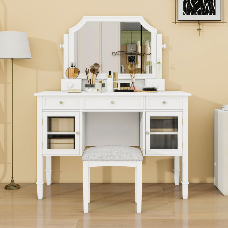 Bureau de maquillage avec miroir ajustable, tiroir de rangement, armoire et tabouret