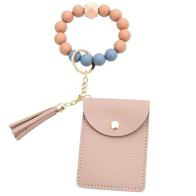 Backpack Silicone Bead Bracelet Solid Color Card Bag Keyring Wallet Leather Fringe Multi-Card Compartment Coin Purse Leather Card Bag