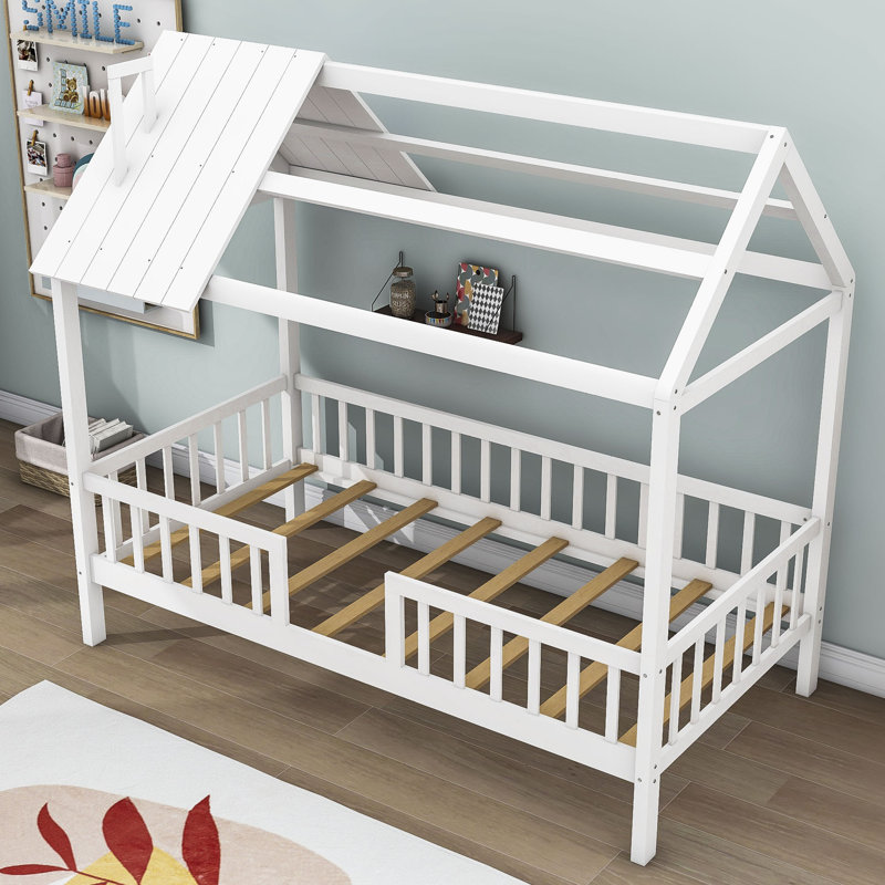 Hadrien Twin Wood House Bed with Fence, White