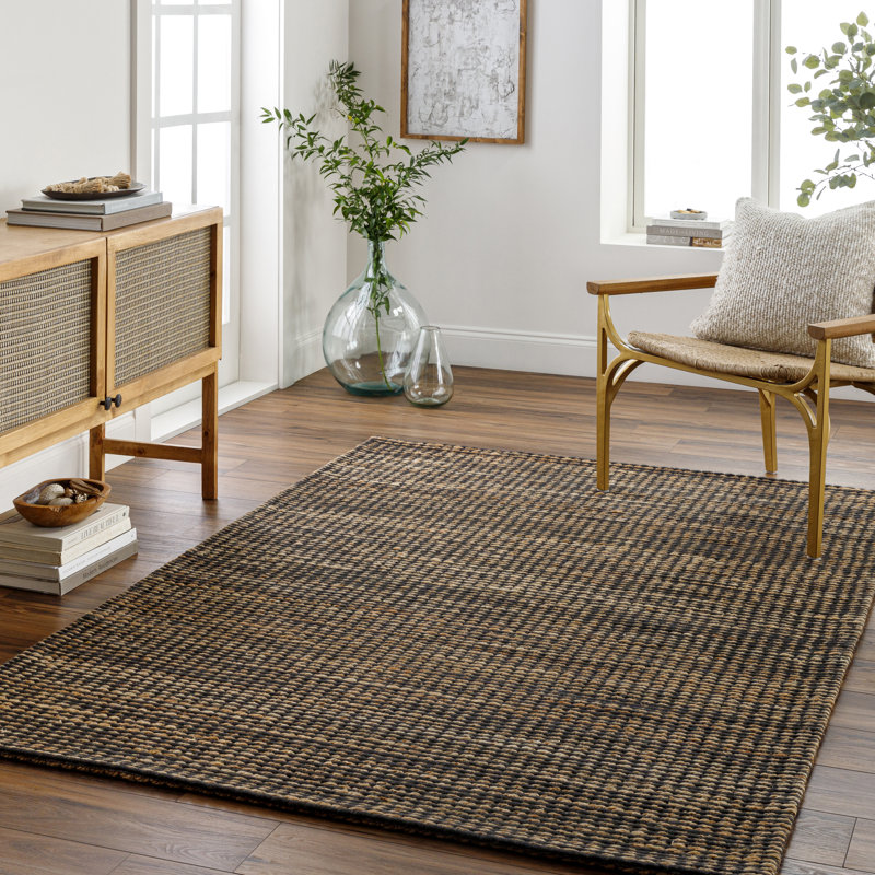 Tapis rayé noir / brun clair tissé à plat à la main Autry, Rectangle 9 pi x 12 pi