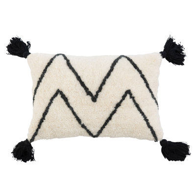 Wool Blend Tufted Lumbar Pillow With Chevron And Tassels