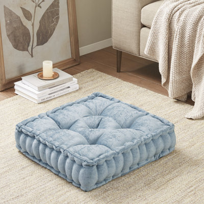 Polyester Chenille Floor Pillow Cushion 20x20 Inch Aqua Tufted Detailing with Scalloped Edge