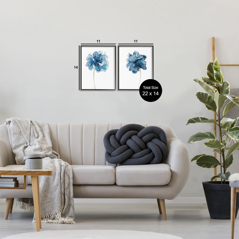 "Abstract Blue Single Blooms", ensemble de 2 giclées sur toile grises, design par Carol Robinson, H 14 po x l 22 po