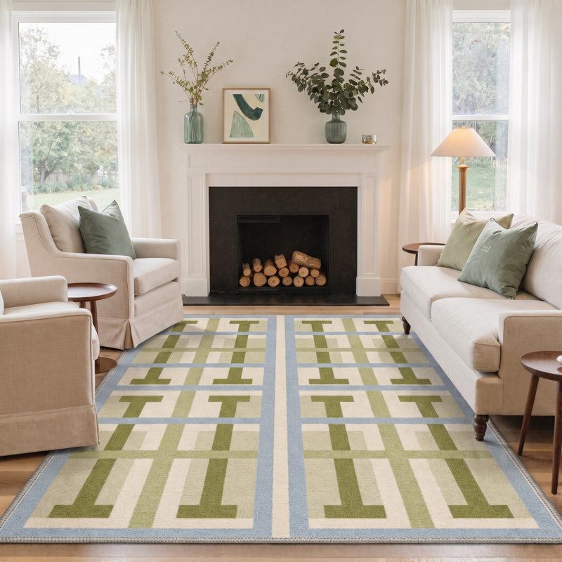 Tapis géométrique vert / bleu / beige lavable à la machine avec envers antidérapant, Rectangle 6' x 9'