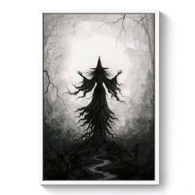 Silhouette de sorcière d'Halloween dans le brouillard, tableau sur toile encadré, cadre blanc, 50 x 75 cm