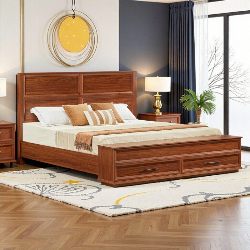 Très grand lit avec tête de lit géométrique 3D et banc de rangement, 4 tiroirs, mobilier de chambre moderne, Noyer