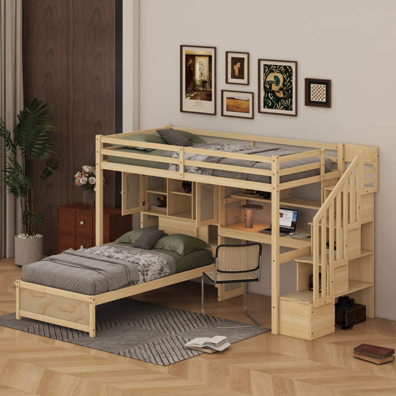 Lit mezzanine simple au-dessus de simple avec bureau intégré, escalier, compartiments de rangement et tablettes, Naturel
