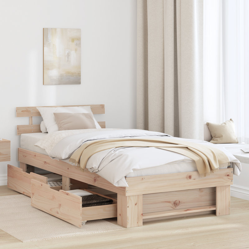  With Drawer With Headboard With Storage Solid Pine Wood, European Single (90 x 200 cm), Brown