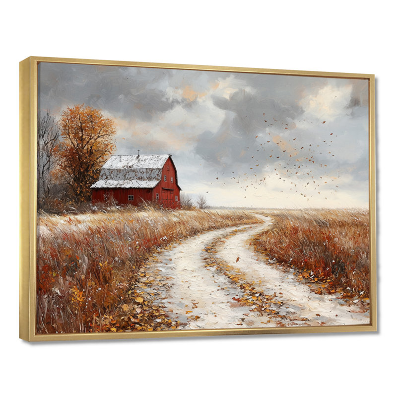 Doyal Windy Prairie Leaves Path To The Farm III - feuilles, art mural, H 30 po x l 40 po, Impression encadrée flottante, Doré