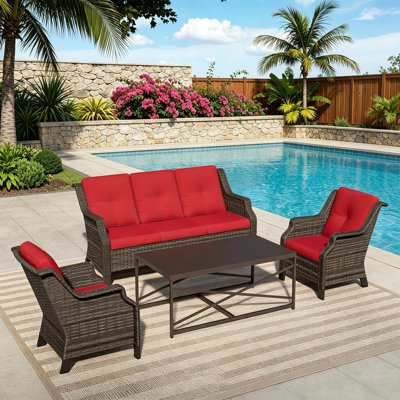 4-Piece PE Wicker Patio Conversation Set with 3-Seat Sofa,2 Chairs,Coffee Table & Red Cushion