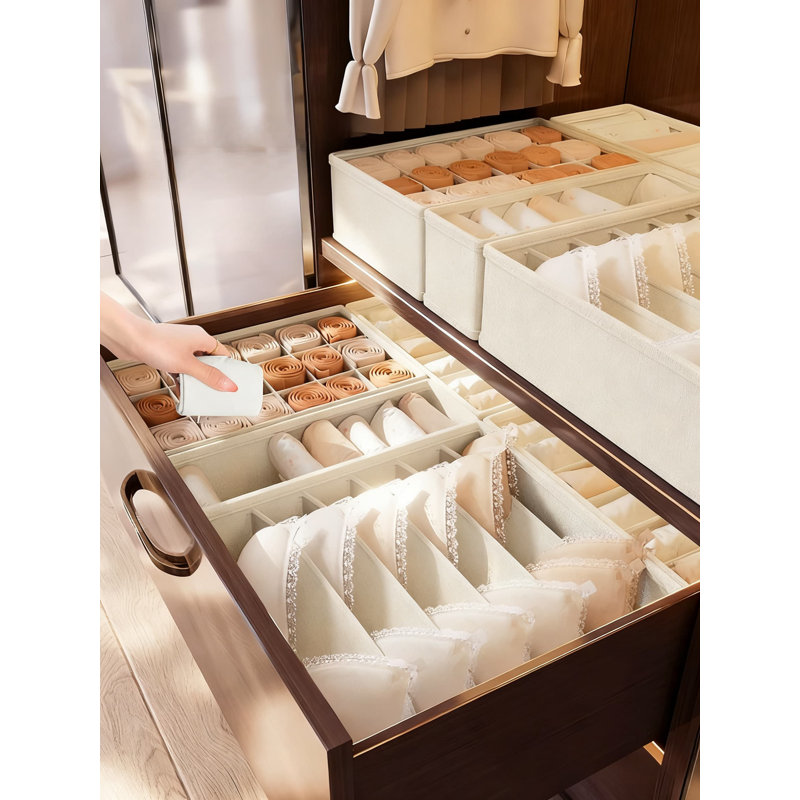 A Beige Three-Piece Set Eco-Friendly Cotton Linen Underwear Storage Organizer - Foldable Space-Saving Laundry Box For Bras, Panties & Socks - Stackable With PP Board Support, Breathable Moisture-Proof Dustproof Design