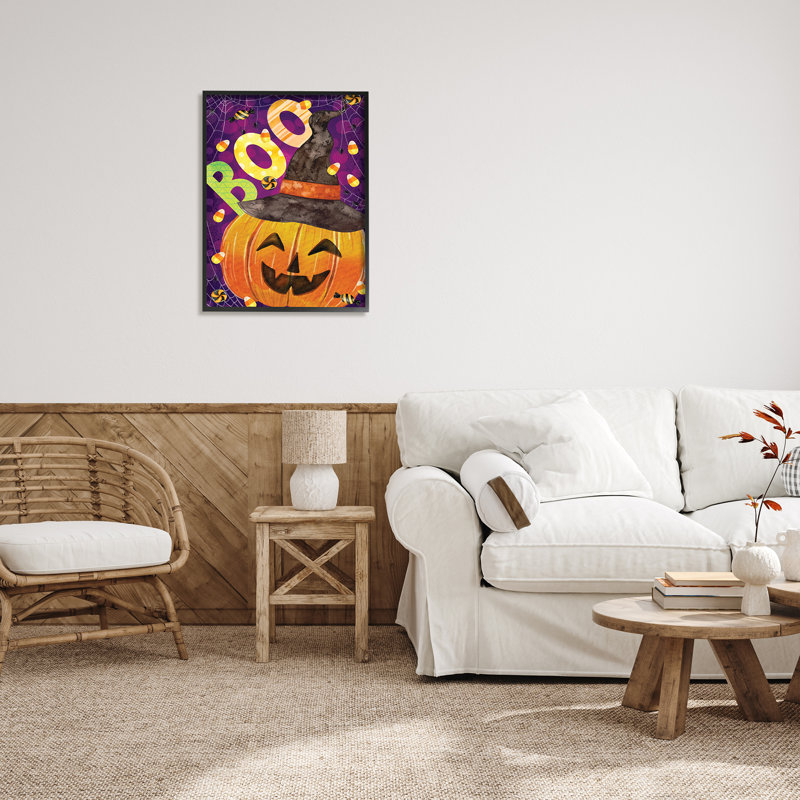 Boo Jack-o-Lantern, bonbon d'Halloween, encadré sur bois par ND Art, impression, H 30 po x l 24 po x P 1,5 po