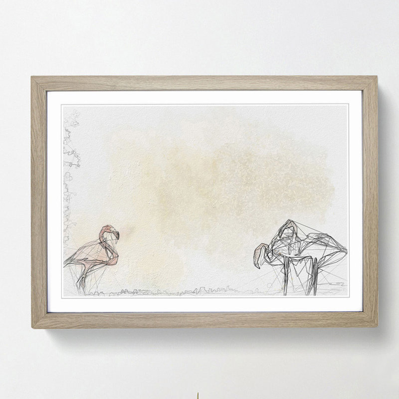 Three Flamingo Birds in Abstract - Picture Frame Graphic Art Print, 50cm H x 76cm W x 2cm D, Oak