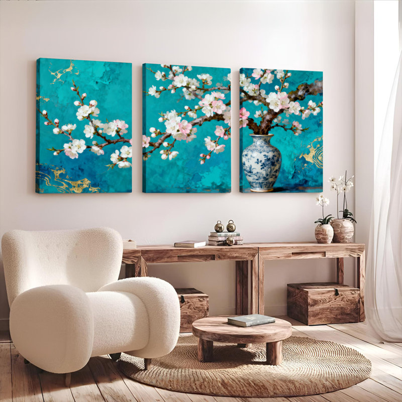 Ensemble de 3 tableaux sur toile représentant des branches de cerisier en fleurs et un vase bleu, H 36 po x l 72 po