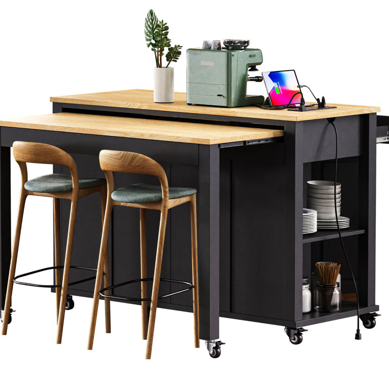 Black Rubber Wood Veneer Kitchen Island With Internal Storage Rack, 13.8"X41.7" Table, 6+2 Wheels, For Organization Extendable 47.2" Dimension, Top, Cabinets, Power Outlet, Mobile Function