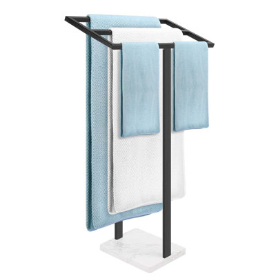 Standing Towel Rack, 304 Stainless Steel 2 Tier Towel Holder Stand with Heavy Marble Base, Stylish Floor Towels Bar for Bathroom Accessories, Laundry Room, Pool, (Black)