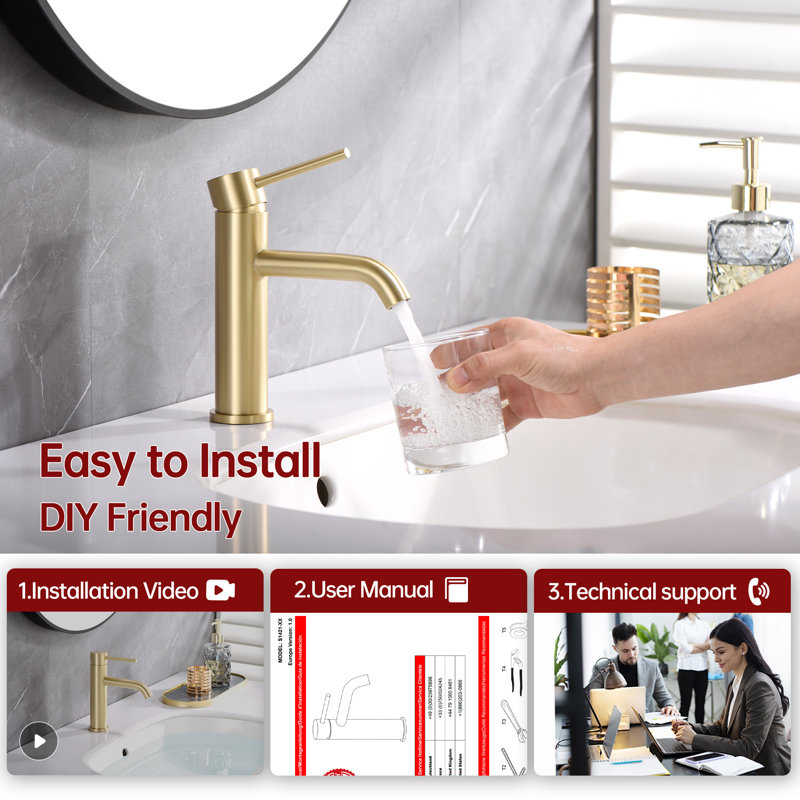 SUMERAIN Single Handle Single Hole Bathroom Faucet, Modern Vanity Sink Faucet, Stainless Steel 304 Basin Faucet, Brushed Gold