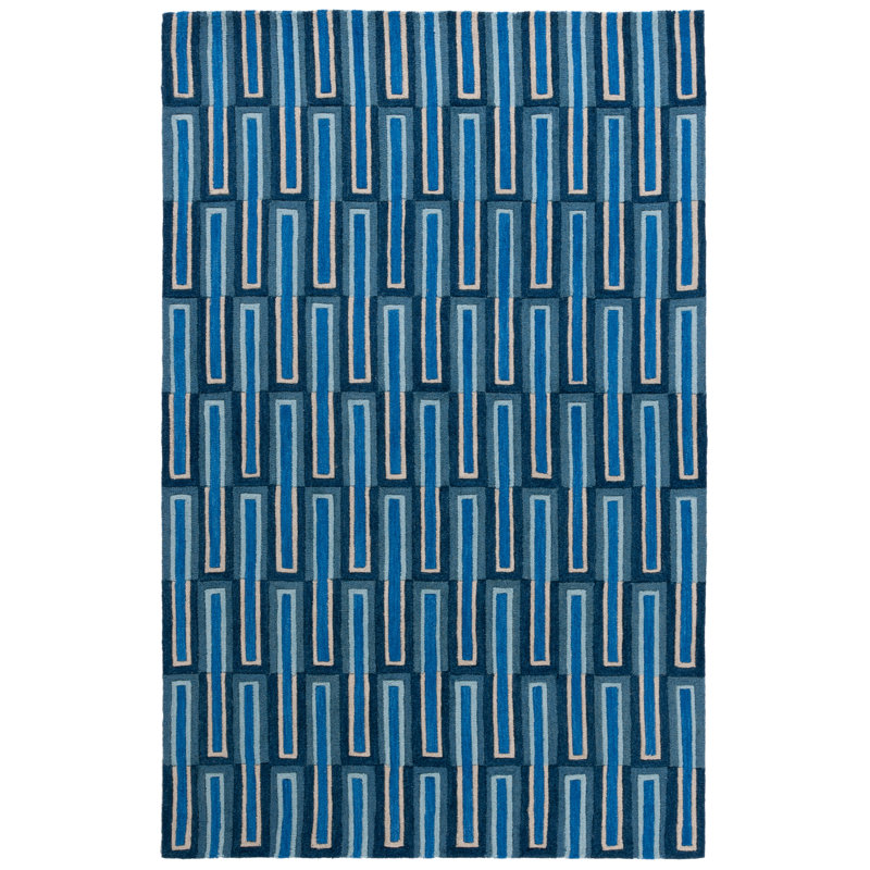 Kabena Hand Tufted Wool/Cotton Geometric Rug in Ivory/Blue, Rectangle 5' x 8'