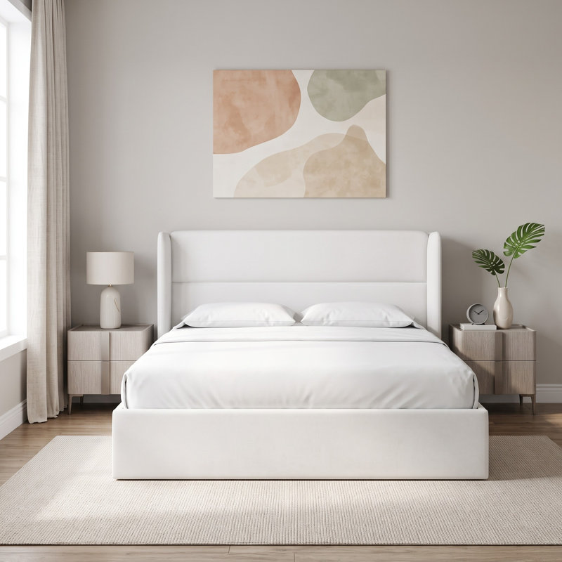 Lit plateforme tapissier avec rangement Gaillarde, Grand, Crème
