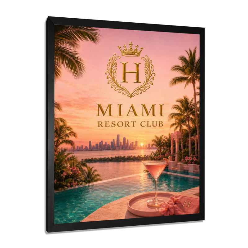 Miami Resort Club Sunset - Décoration murale glamour sur toile, H 32 po x l 16 po, Cadre photo noir