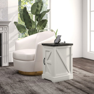 Homcom End Table With Charging Station And Usb Ports, Farmhouse Side Table With Storage Cabinet For Living Room, Distressed White