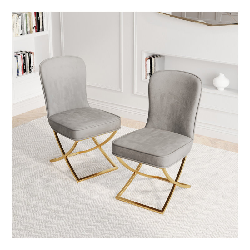 Ensemble de 2 chaises de salle à manger, dossier en velours gris et pieds en métal doré. Pour la cuisine moderne