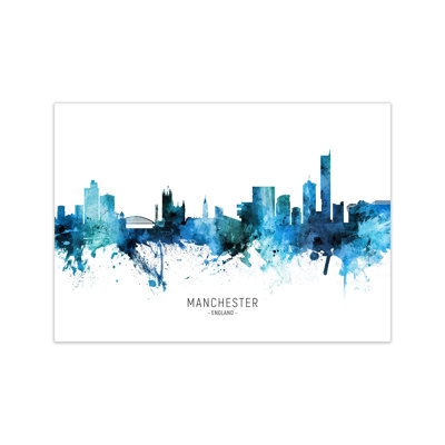 Manchester England Skyline Blue City Name by Michael Tompsett - Print
