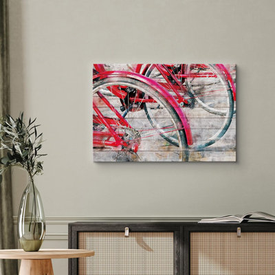Aquarelle, rouge, vélo rétro, transport, vélos, effet bois, panneaux, art, pastel rustique