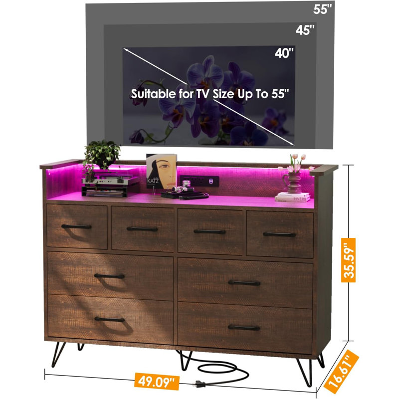 Commode 8 tiroirs avec lumière DEL et station de charge, Noir, noir, noir, noir, Brun
