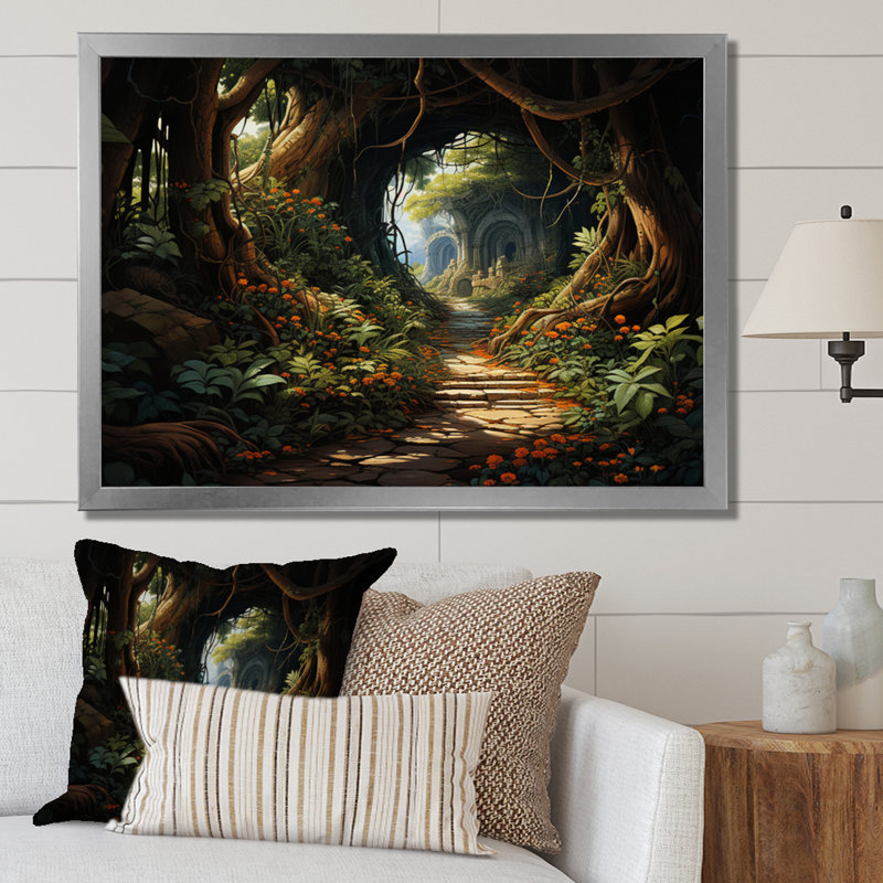 Green Tunnel Enchanted Forest Earthy II, reproduction d'art sur toile, H 24 po x l 32 po x P 1 po, Cadre simple argenté
