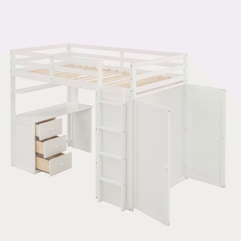 Lit mezzanine simple avec tiroirs, bureau et garde-robe, Blanc