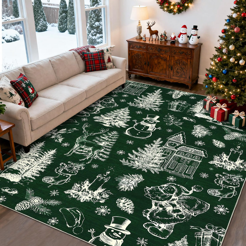 8x10ft Washable Christmas Stain-Resistant Foldable Low Pile Floor Mats Xmas Printed Carpets Soft Non Shedding Rugs