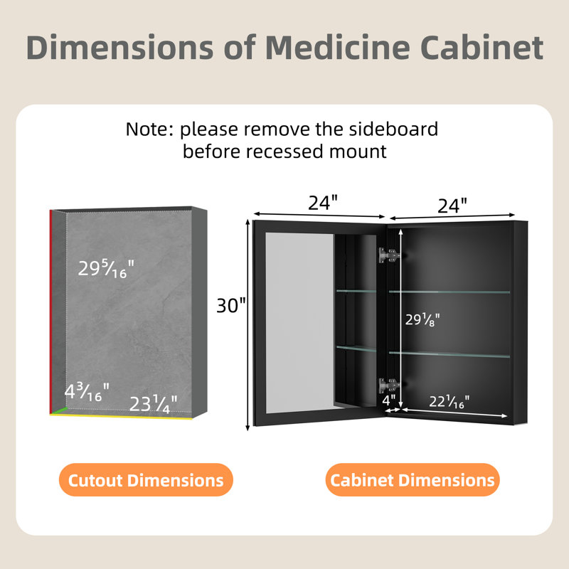  Armoire à pharmacie 24 po x l 30 po avec miroir, cadre de salle de bain encastré ou à fixation en surface avec tablette en verre trempé réglable, grand espace de rangement (noir)