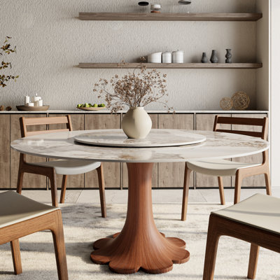 Table de salle à manger ronde ronde en bois massif avec base rotative à 360 ° pour 6 à 10 personnes