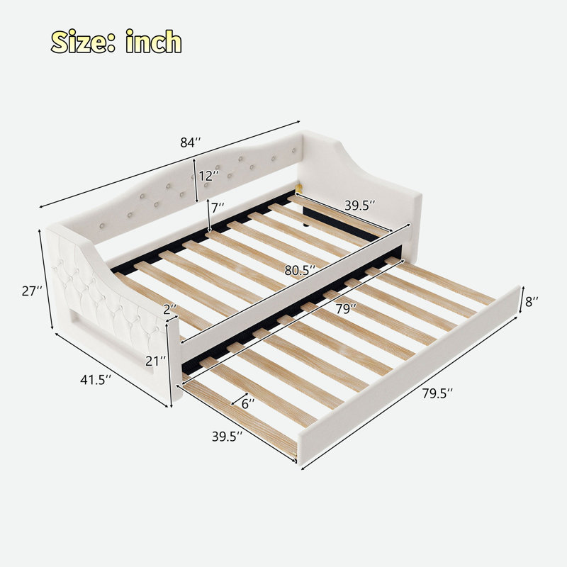 Modern Upholstered Daybed With Led Belt And Trundle, Beige, Twin XL