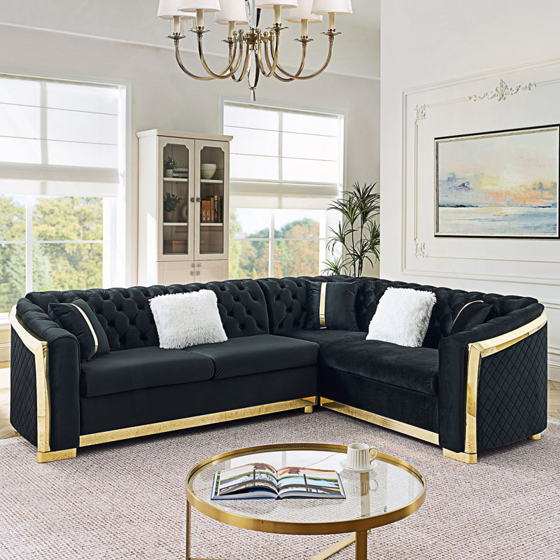 Canapé modulaire en L Chesterfield, canapé capitonné à boutons avec 5 coussins, Noir