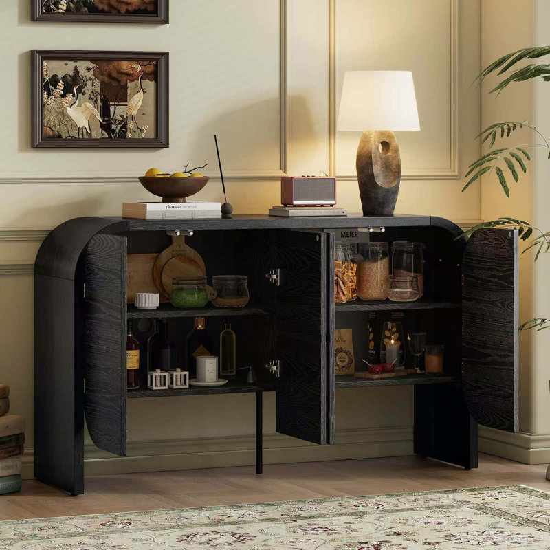 Wood Console Table with  Adjustable Shelves, Curvy Edge, Black