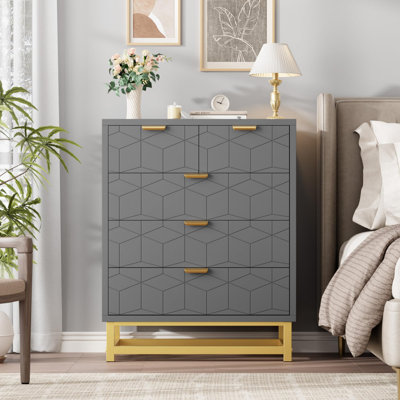 Grey 5-Drawer Modern Bedroom Dresser, Metal-Base Storage Cabinet for Living Room, Hallway & Closet
