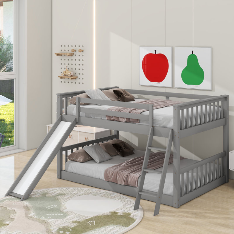 Lit superposé double au-dessus de double avec glissière convertible et échelle, Gris
