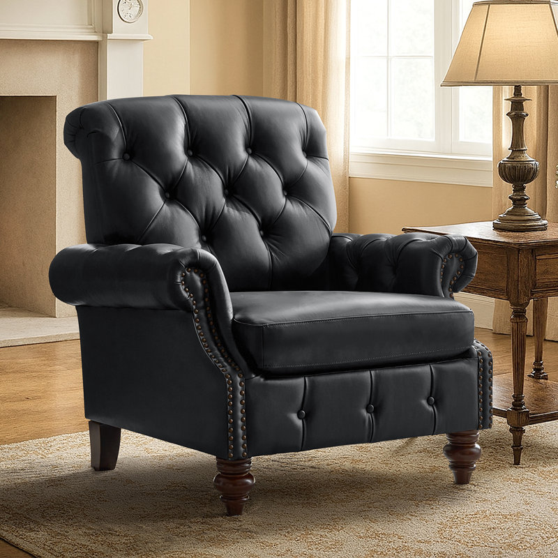 Alesha 36.5"W Traditional Cowhide Genuine Leather Accent Chair with Tufted Back, Black Genuine Leather