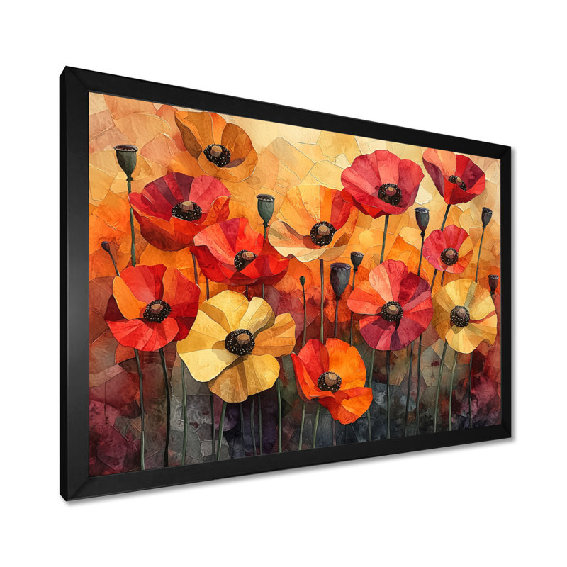 «Autumn Dance Of The Fiery Poppies III» - Art mural coquelicots, Cadre simple noir, H 24 po x l 32 po