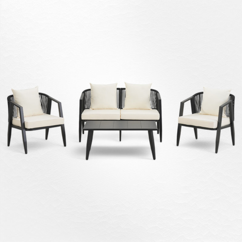 Ensemble de conversation de terrasse avec canapé et coussins 4 pièces, Beige, Noir